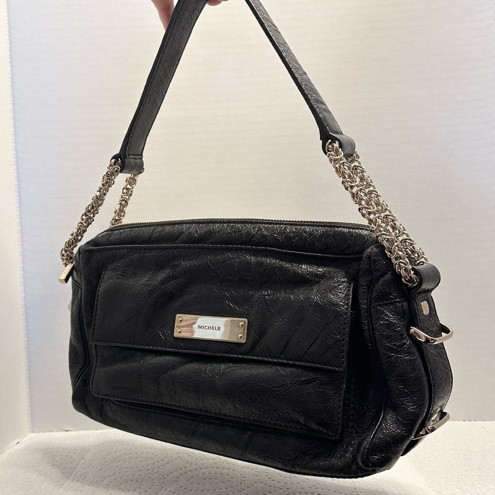 Michele Black Distressed Patent Leather Purse Gold Chain Leather Strap Bag